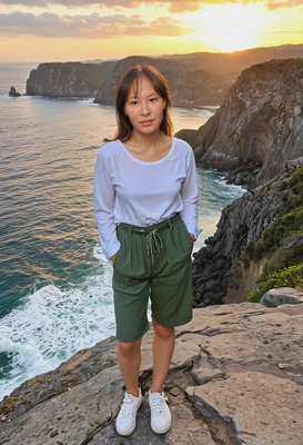 as a sunset watcher from a cliff, in a relaxed outfit, with a breathtaking view of the ocean