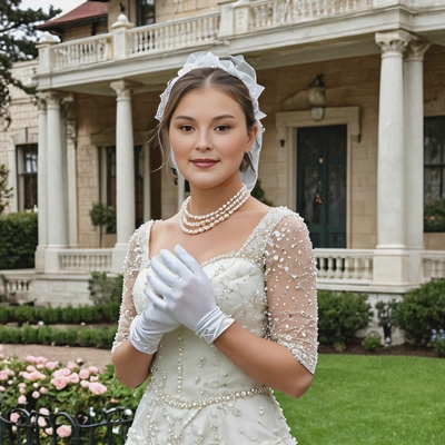 as a bride in a vintage-style dress, wearing pearls and gloves, standing in front of a historic mansion