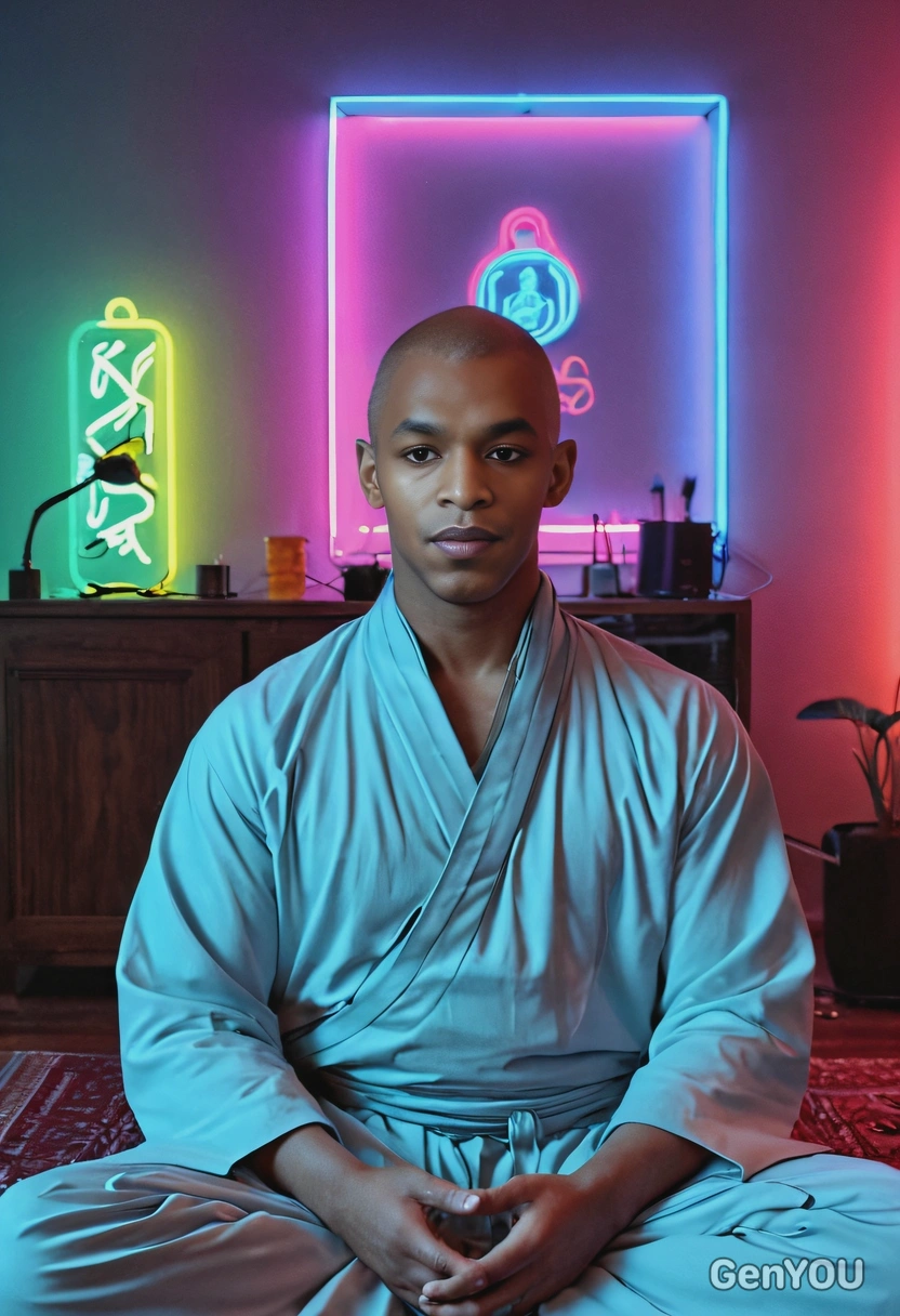 as a techno monk, meditating in a serene room filled with neon lights 