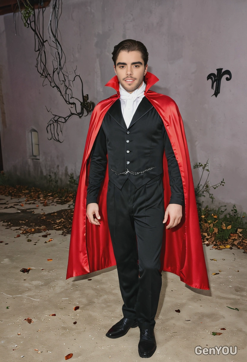 wearing a classic Dracula costume with a cape, Halloween party