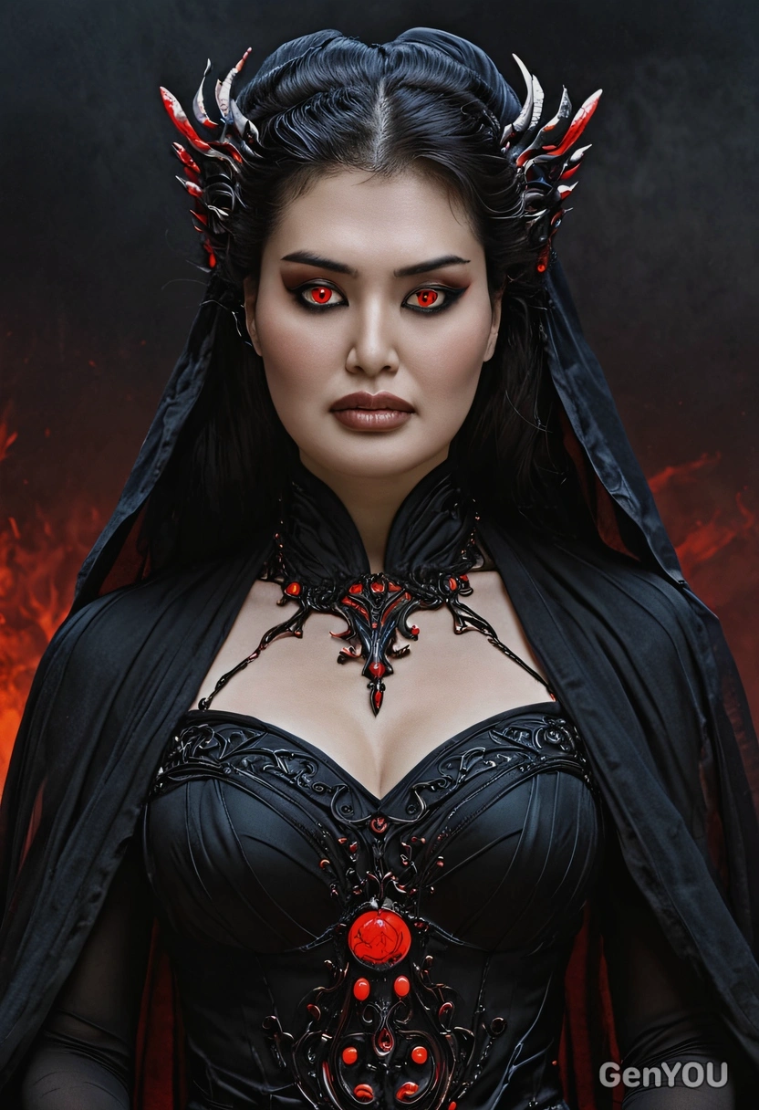 As a goddess of the underworld, dressed in a dark flowing gown with glowing red eyes