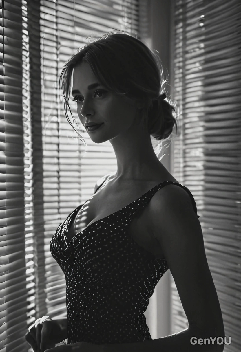 silhouette of a slender woman in fitted dress, venetian blind effect, soft sensual vibe, mysterious mood, bokeh effect, high contrast tones, soft shadows, as if generated by AI