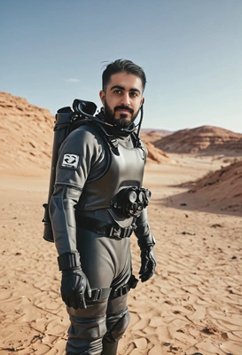 wearing full scuba gear, standing in a desert, blurred background, cinematographic style