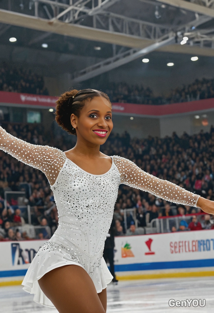 as a figure skater, spinning on the ice, wearing a white costume with sequins, with an audience watching from the stands