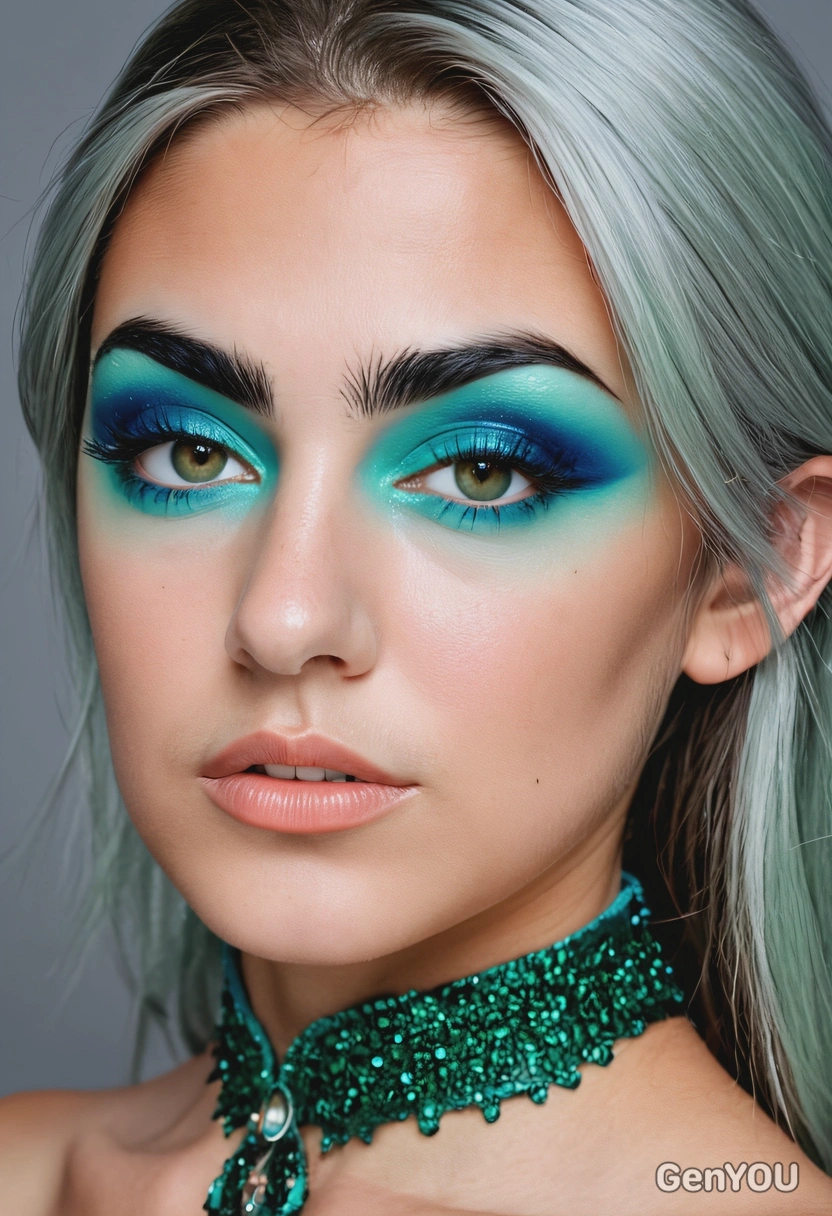 wearing artsy makeup inspired by elves, light-green and dark-blue colors, professional magazine photoshoot