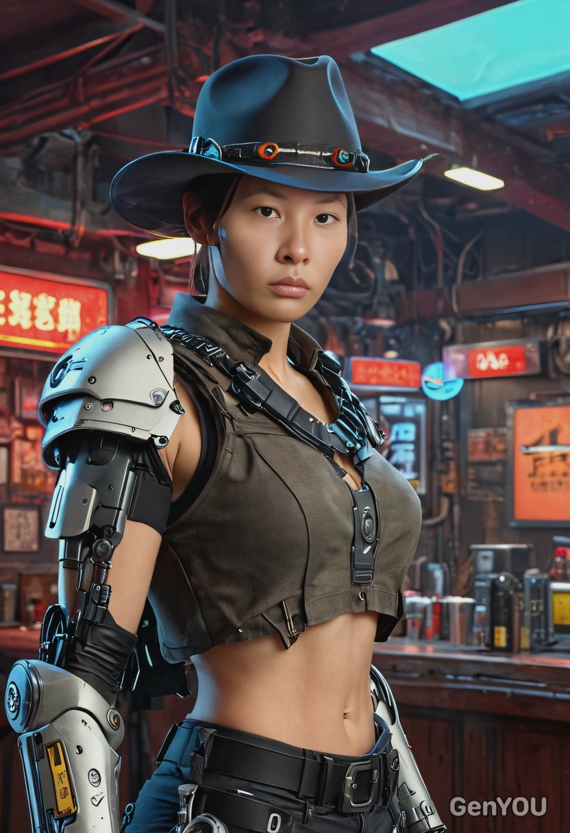 as a cyborg mercenary, robotic arm, wide-brimmed hat, blurred cyberpunk cowboy saloon on background, looking directly at you, vivid colors, symmetrical clothing details, video game style, high-quality stylized art