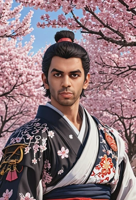  samurai warrior standing under cherry blossoms, in anime style, big eyes, manga drawing
