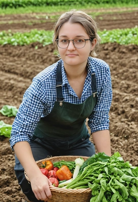 a farmer harvesting fresh vegetables in a field, updo, outdoors photoshoot