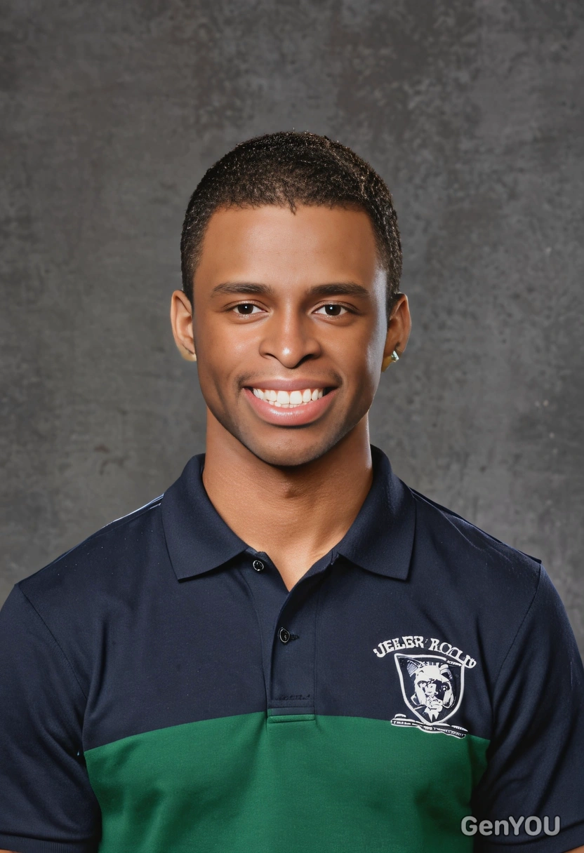 student with a middle part, in a rugby polo shirt, giving a subdued yet friendly grin, yearbook background 
