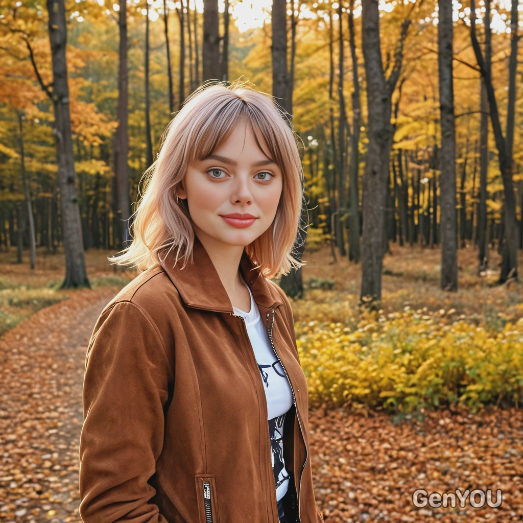 with smooth sunset colored hair, in a soft plain suede jacket, against a backdrop of an autumn forest, soft focus, blurred background