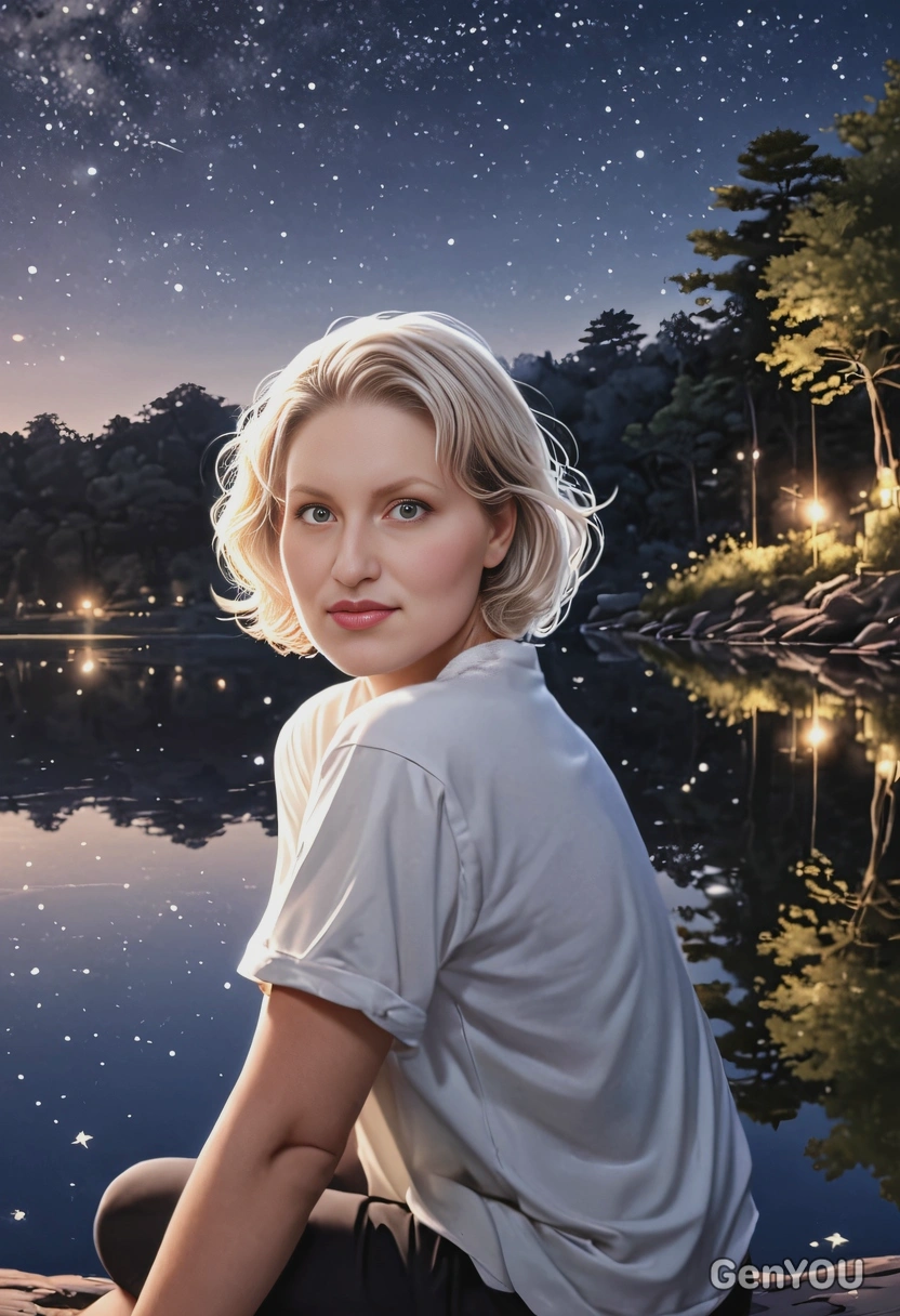 sitting by a glimmering lake with reflections of stars, anime style, big eyes, manga drawing
