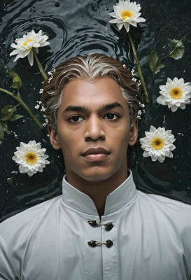 as Ofelia from Hamlet, white flowers, symmetrical pose and hair, lying in water, dark and sad atmosphere