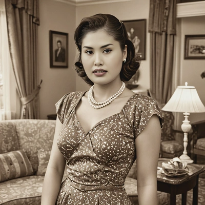smiling, posing in a 1940s living room, wearing a vintage dress and pearls, with a sepia effect enhancing the warm atmosphere