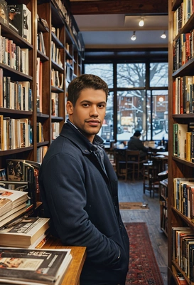 mid-shot, in a cozy, dimly lit bookshop with a view of the snowy street outside, looking at viewer 