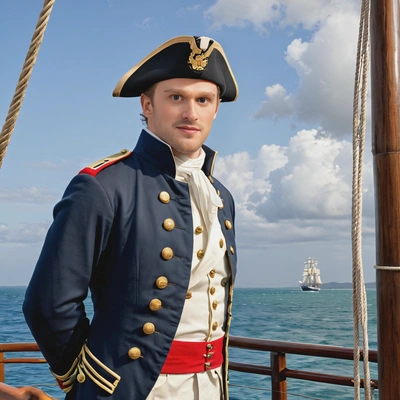18th-century military officer on tall ship deck with ocean backdrop, showcasing professional style