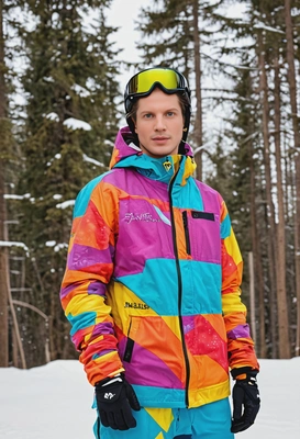 as a snowboarder, wearing a colorful winter suit