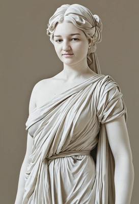 as a Michelangelo sculpture, fully dressed in a drape, white face, proportional figure