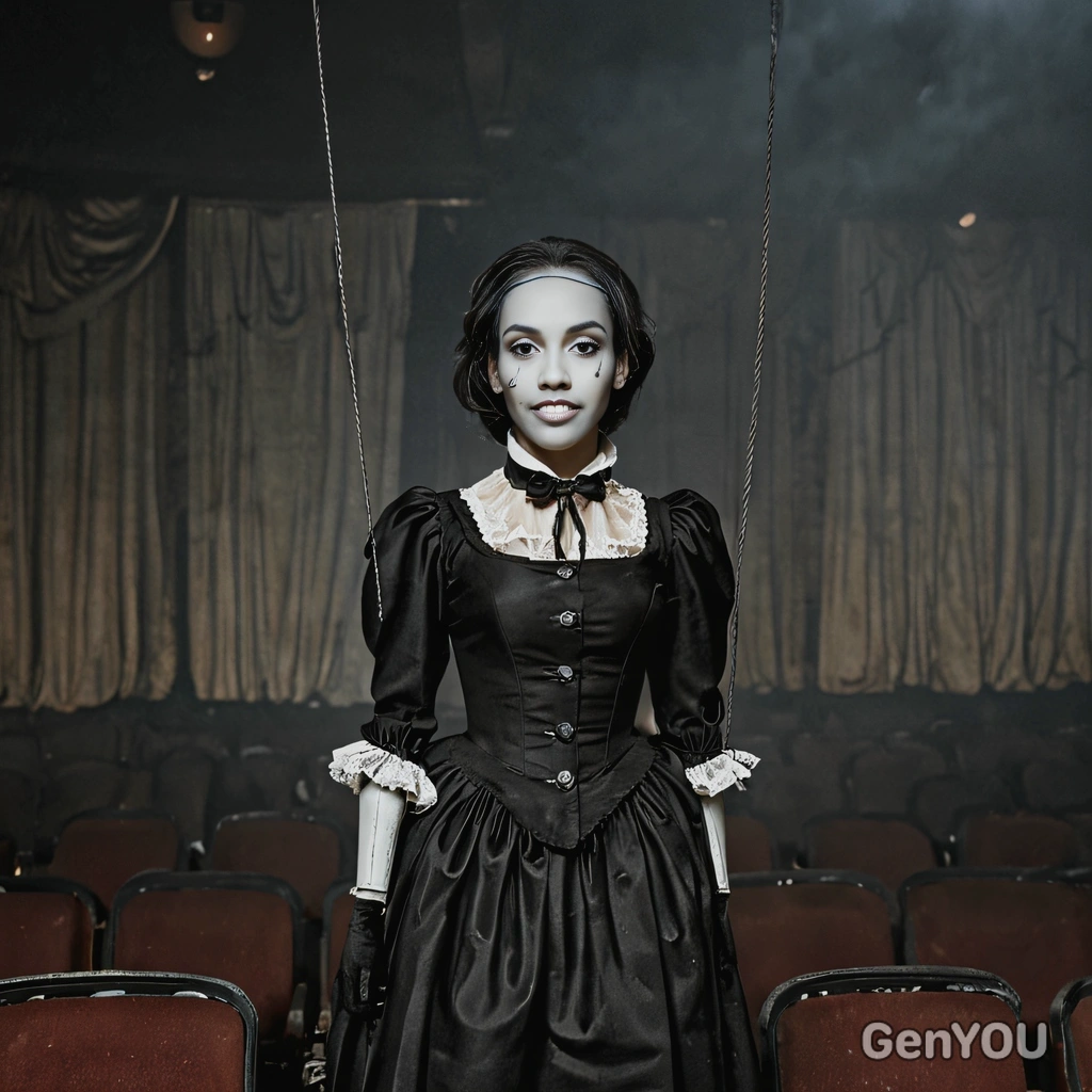 as a haunted marionette, standing lifelessly in a darkened theater filled with old, dusty seats, half body portrait 