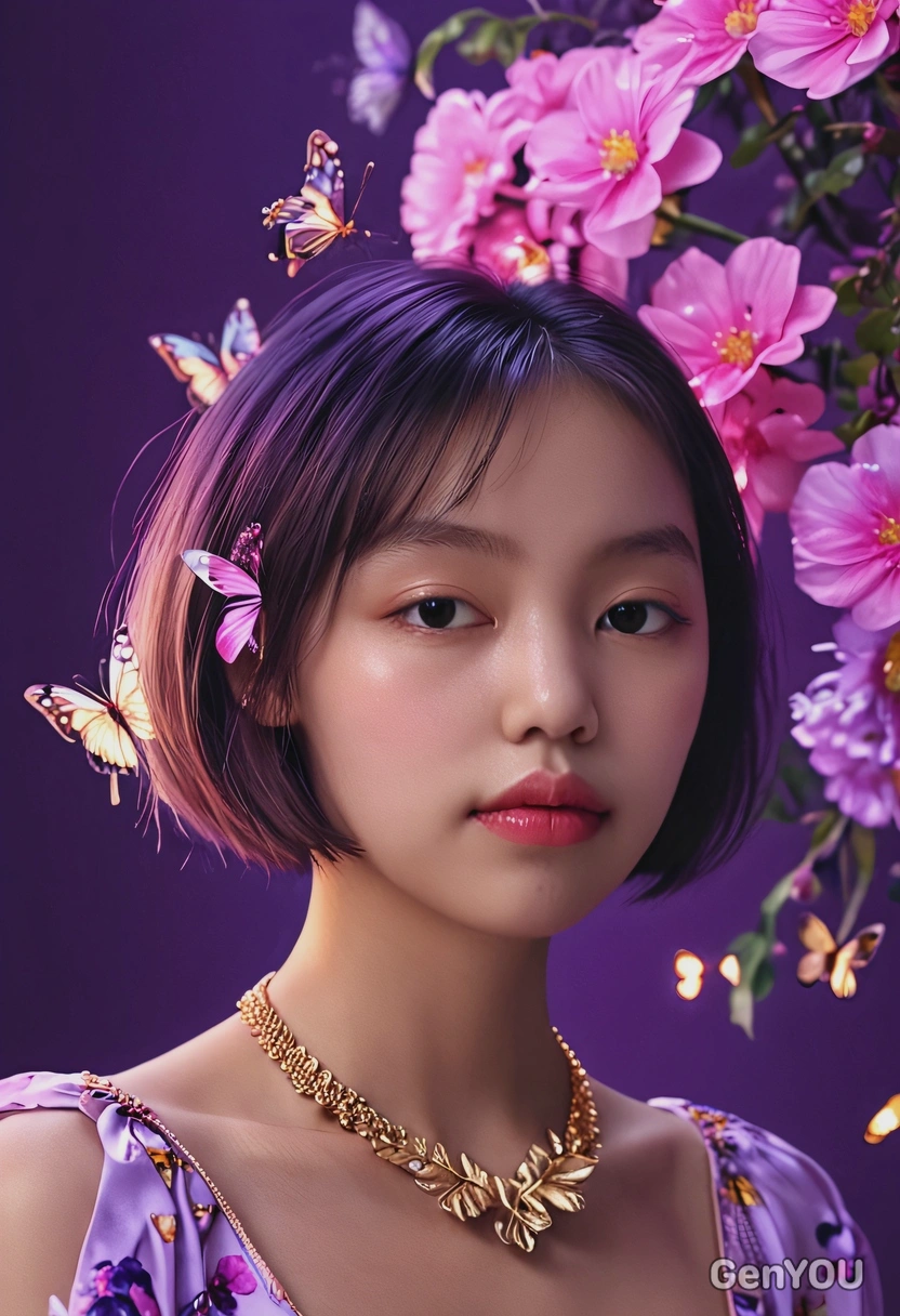 a dreamy beauty, close-up portrait with glossy skin, short bob haircut, wearing a floral blouse and layered gold necklaces, blurred glowing neon pink and purple flowers with butterflies in the background, cinematic colorful purple lighting on the face, soft confident gaze, sharp focus on face, hyperrealistic details