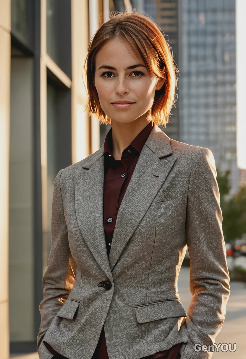 sharp high-quality full-body photo, freckles, bold layered cut with sideswept bangs, burgungy office dress-code suit,  cool standing, hands in the pockets, blurry office building background, golden hour