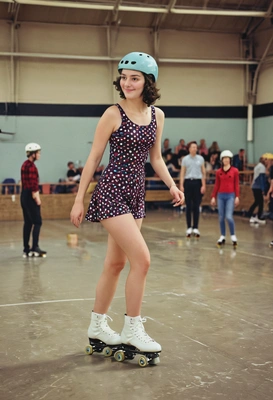 roller skating at the rollerdrome, 60s style, full body image, people around, blurry background