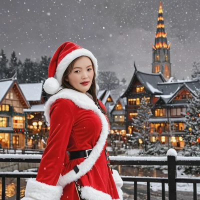 wearing a bright red elf costume and a pointy hat, snowy christmas city background