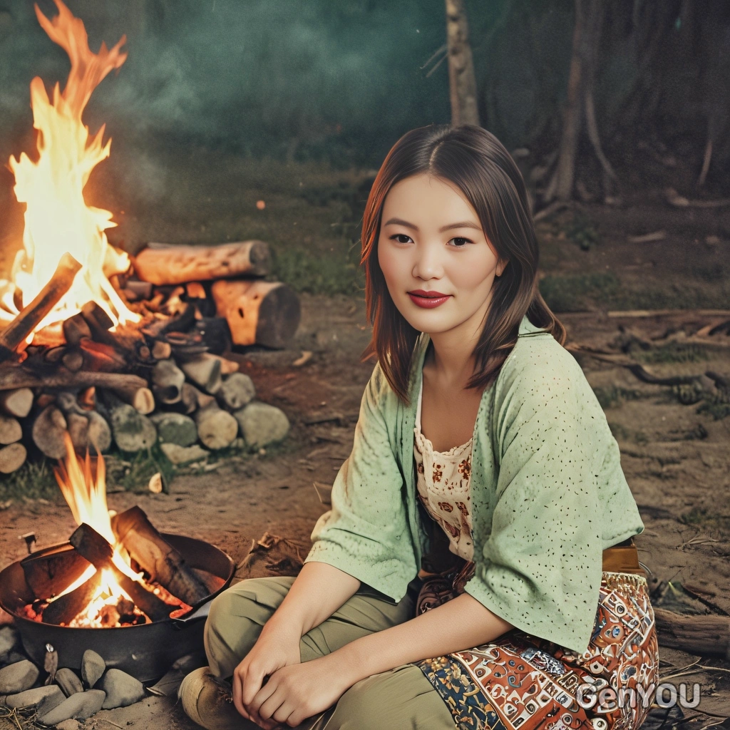  in 1960s bohemian style, sitting by a campfire, with a vintage faded color effect