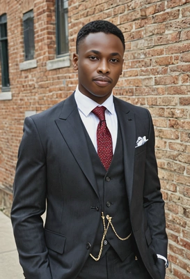 dressed in a tailored three-piece suit, old money style