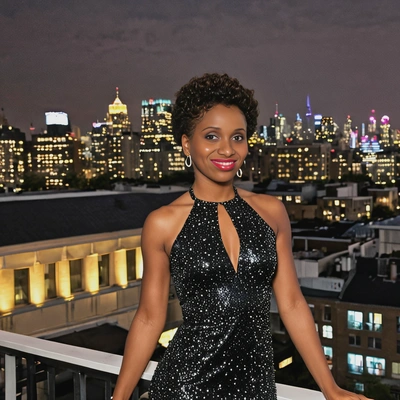 at a glamorous rooftop party, wearing a chic evening dress, with city lights twinkling below