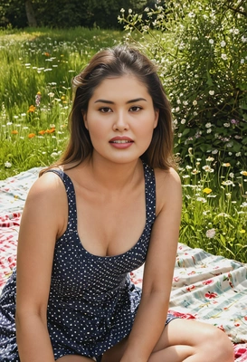 on a picnic blanket in a meadow, surrounded by wildflowers and soft sunlight streaming through the trees, pretty smile, mid shot photo