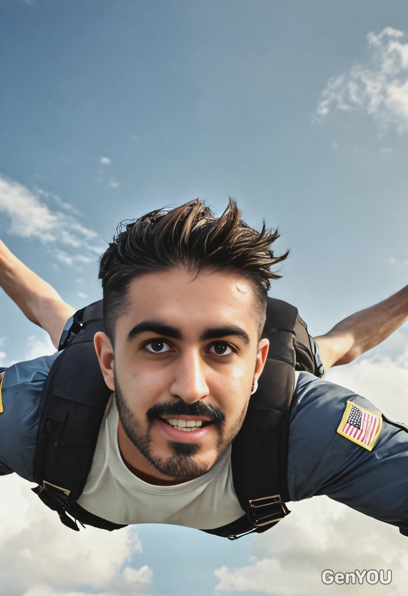 flying in the sky, close-up, blurred background, cinematographic style