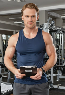 as a personal trainer in athletic wear with a stopwatch and clipboard, standing in a modern gym with various fitness equipment