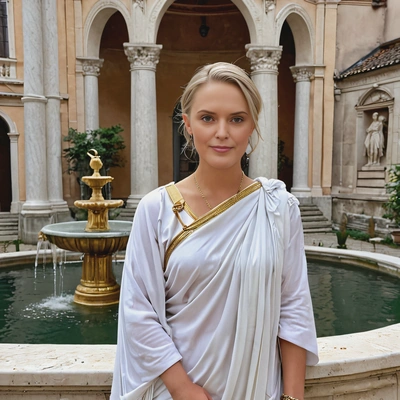 as an Ancient Roman noblewoman, dressed in a white toga with gold accents, standing gracefully beside a marble fountain in a Roman courtyard