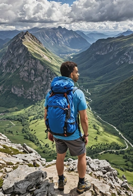 as a man, on top of a mountain, wearing hiking gear, with a panoramic view of the valley and clouds below