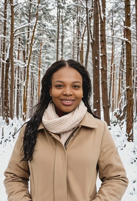 in a beige coat, smiling, standing amidst a snowy forest, hands in pockets, mid-shot 