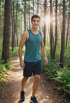 as a runner on a forest trail, in a tank top and shorts, with the morning light filtering through