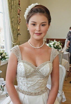 As a bride in a tea-length dress with pearls, posing at a 1950s-inspired vintage wedding reception