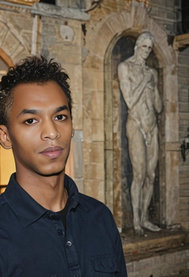 looking at the apparition in the old mantion, unimpressed, night, blurred background