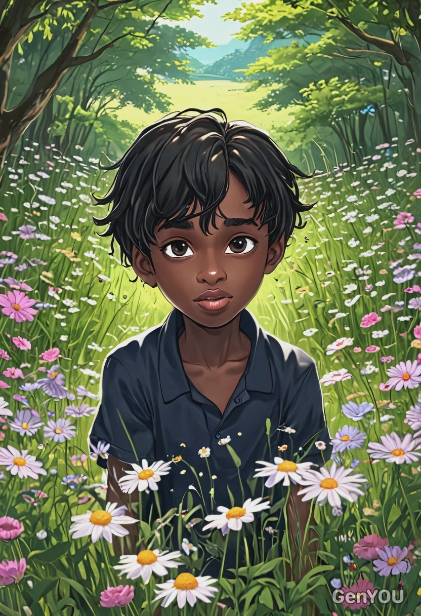 in a magical meadow, anime, big eyes, drawing
