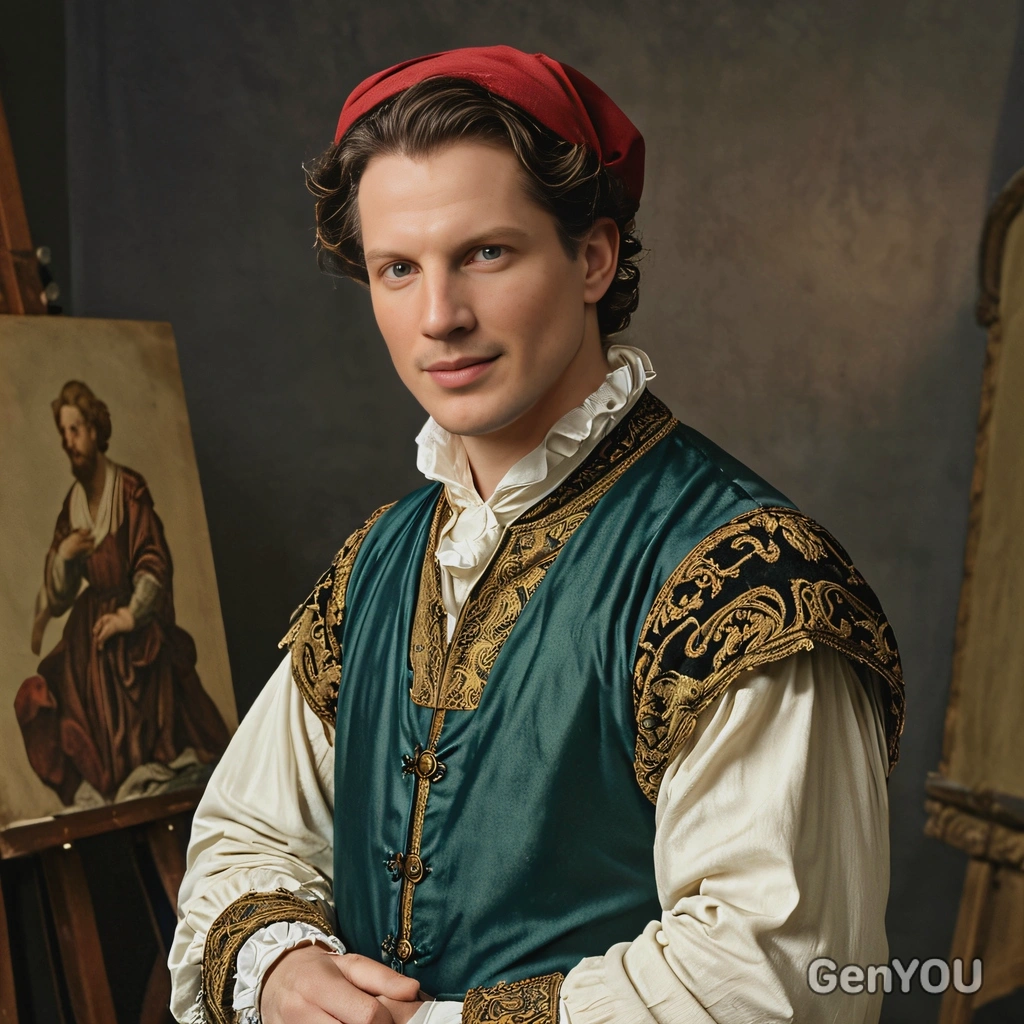 A Renaissance artist in historical costume, in a dimly lit studio