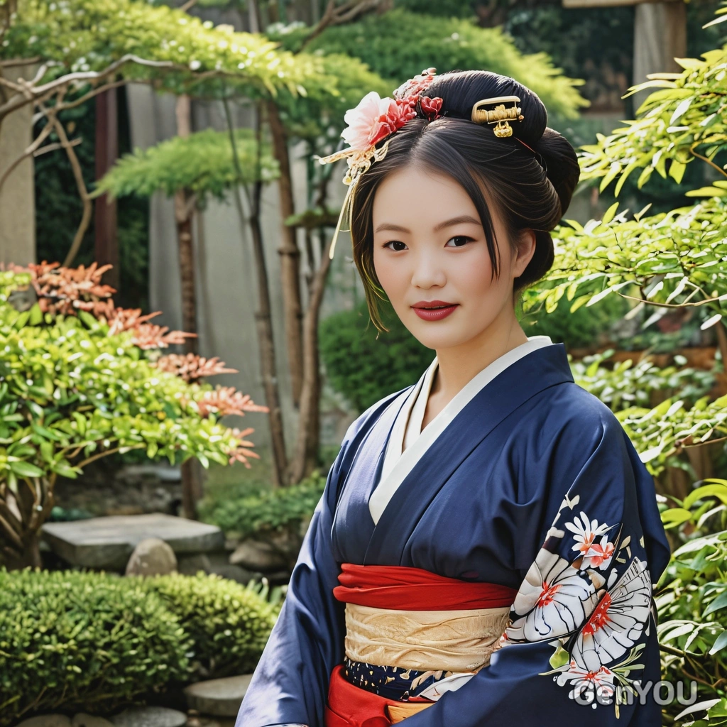 An ancient Japanese geisha, in a serene garden
