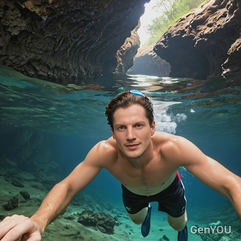 a swimmer exploring an underwater cave