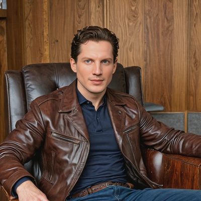 sitting in a leather armchair, wood-paneled