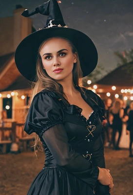 as a witch, at a costume party, twinkling lights around, blurry background