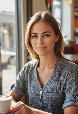 at a cafe, coffee, casual clothing, eyes on you, sharp high-quality image, midday indoor lighting, sun glare, soft shadows