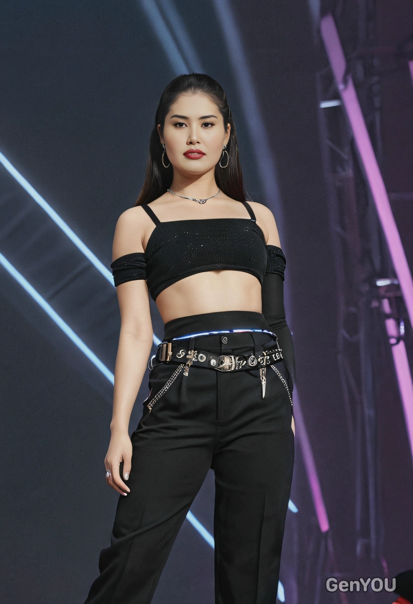 as Jennie from Blackpink, wearing a chic black crop top with high-waisted pants, standing on a stage with neon lights glowing in the background