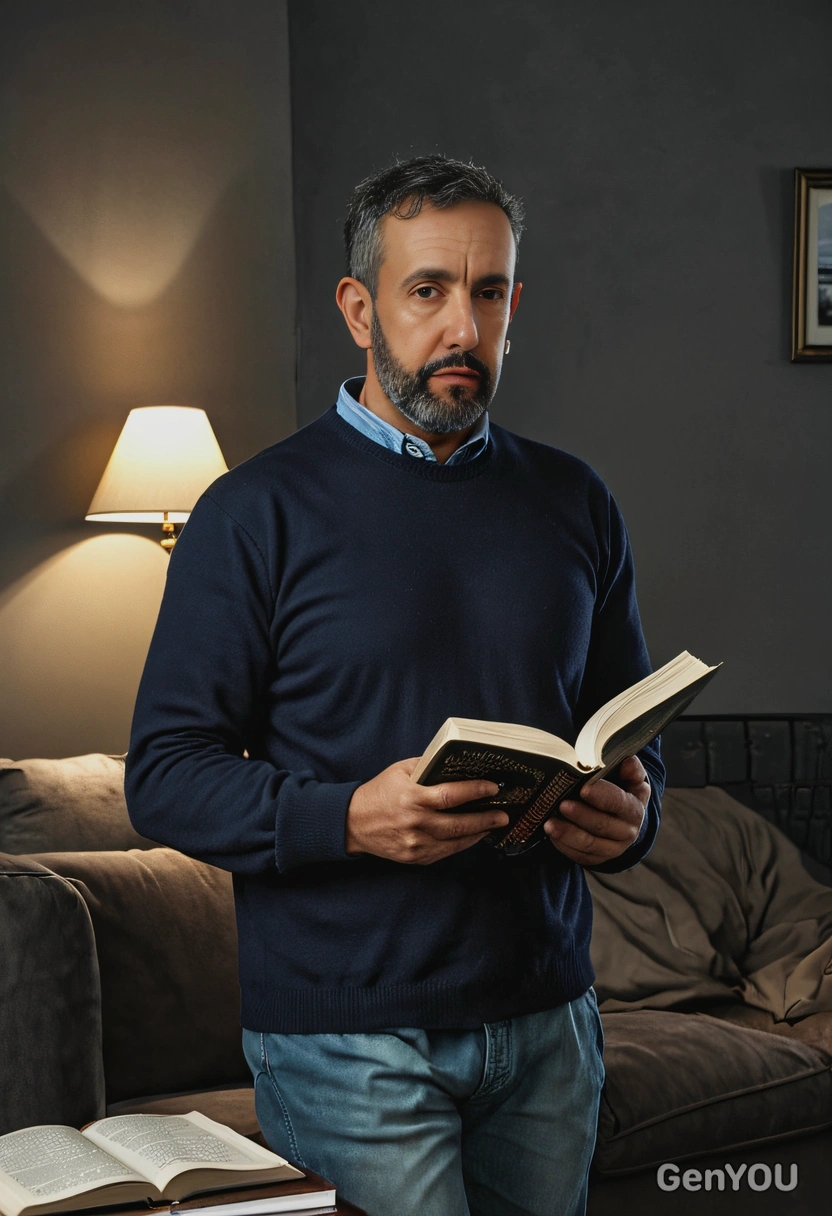 in a casual outfit, reading a book, dark evening lighting, cinematic high-res quality