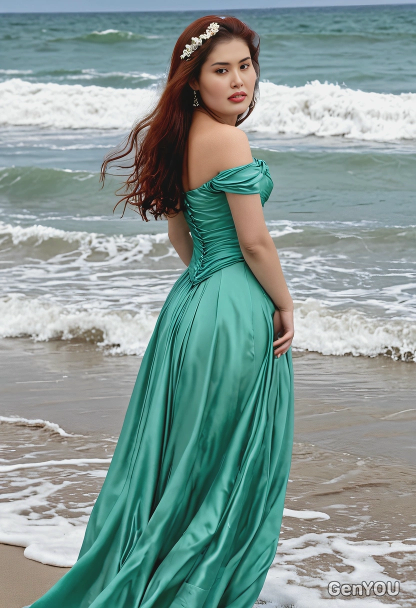 As Ariel in her human form, wearing a flowing sea-green gown, standing at the shore 