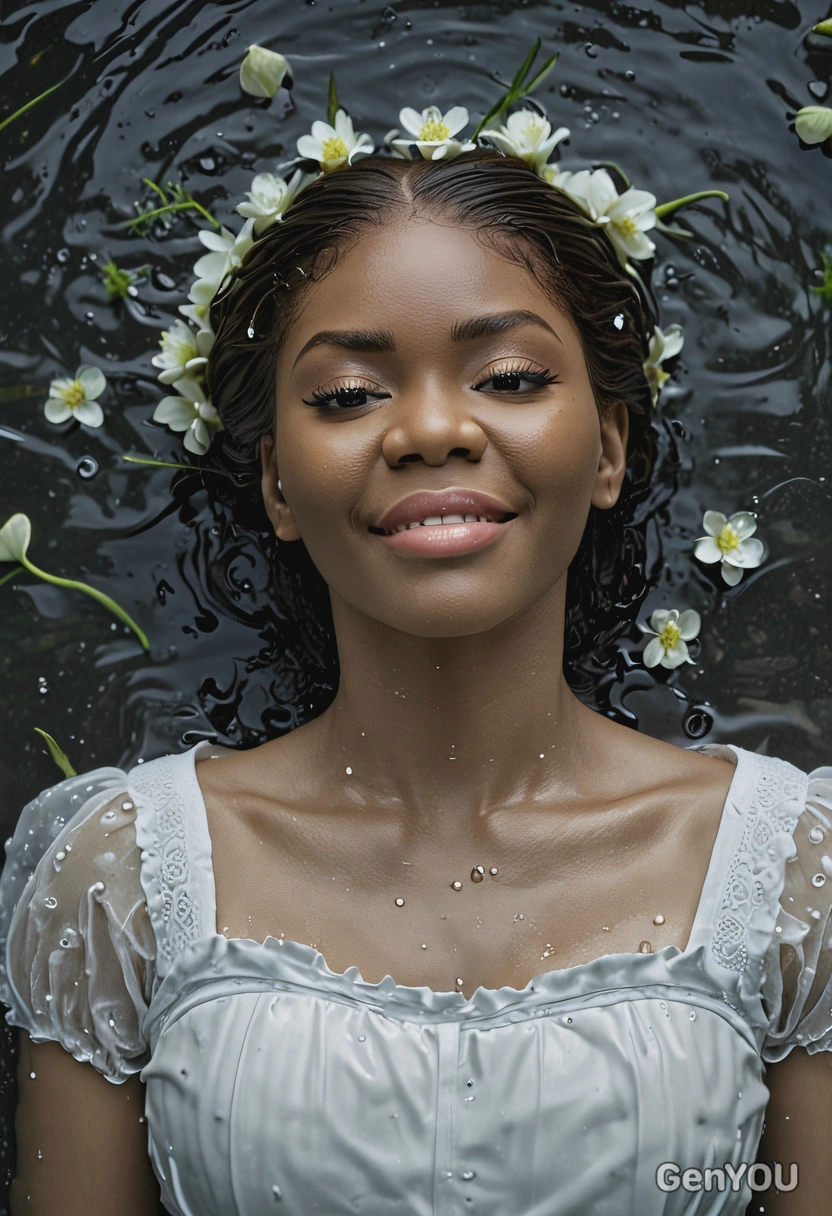 as Ofelia from Hamlet, white flowers, symmetrical pose and hair, lying in water, dark and sad atmosphere, eyes shut tight, without glasses