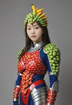  wearing fruit armor, standing tall but expressionless